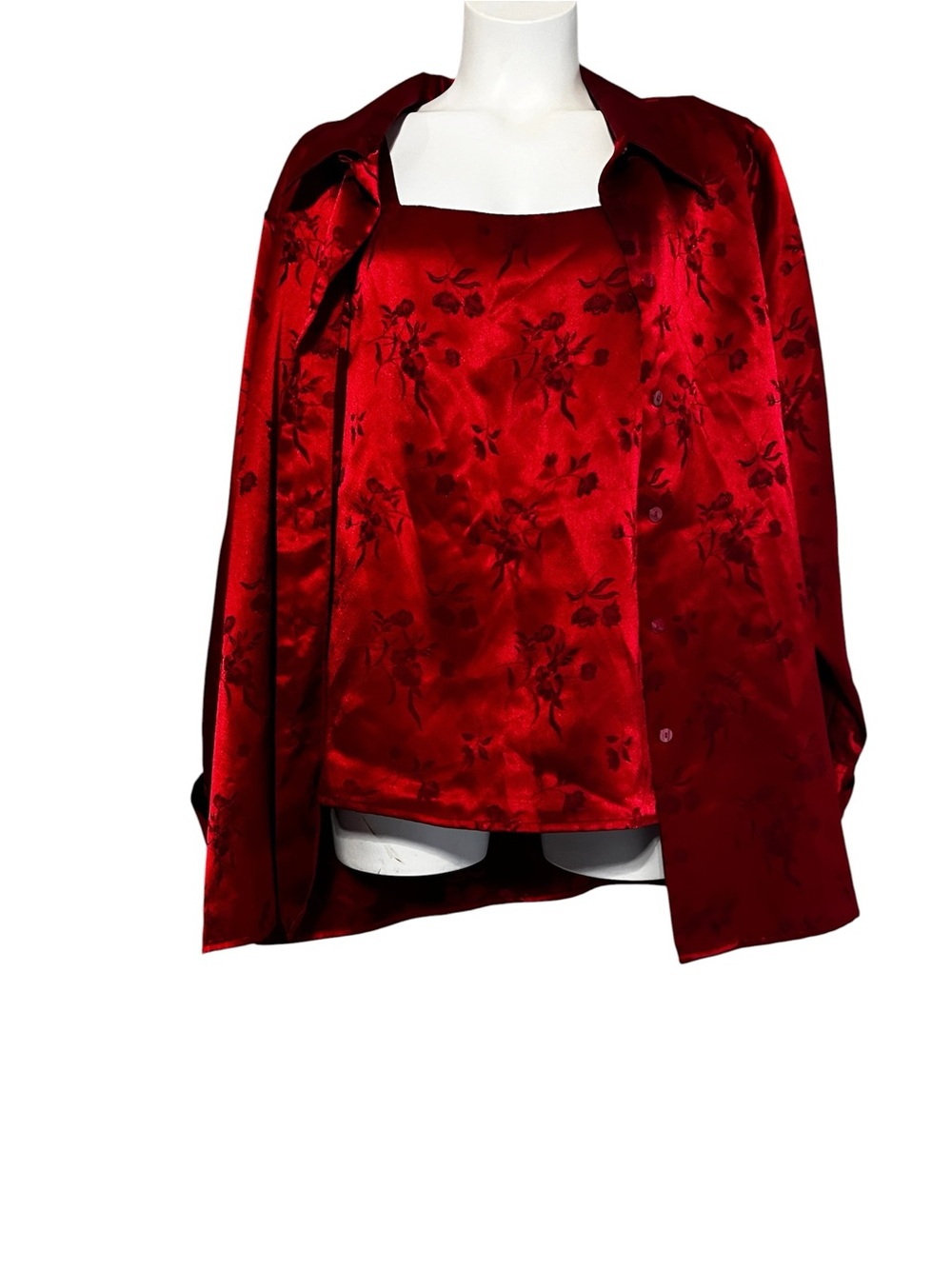Christie & Jill Red Satin Floral Camisole & Matching Blouse  Set